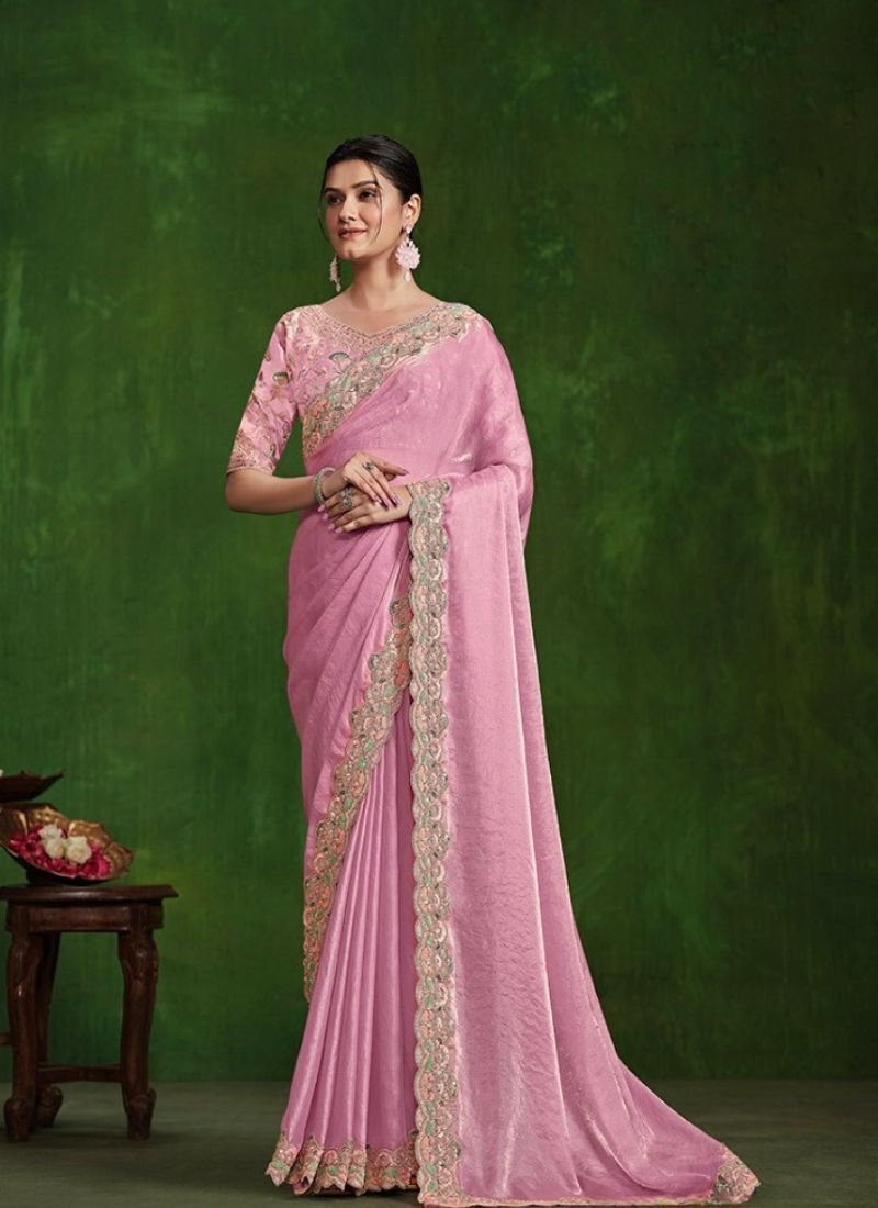 Exquisite handwork embroidered satin silk saree in light pink