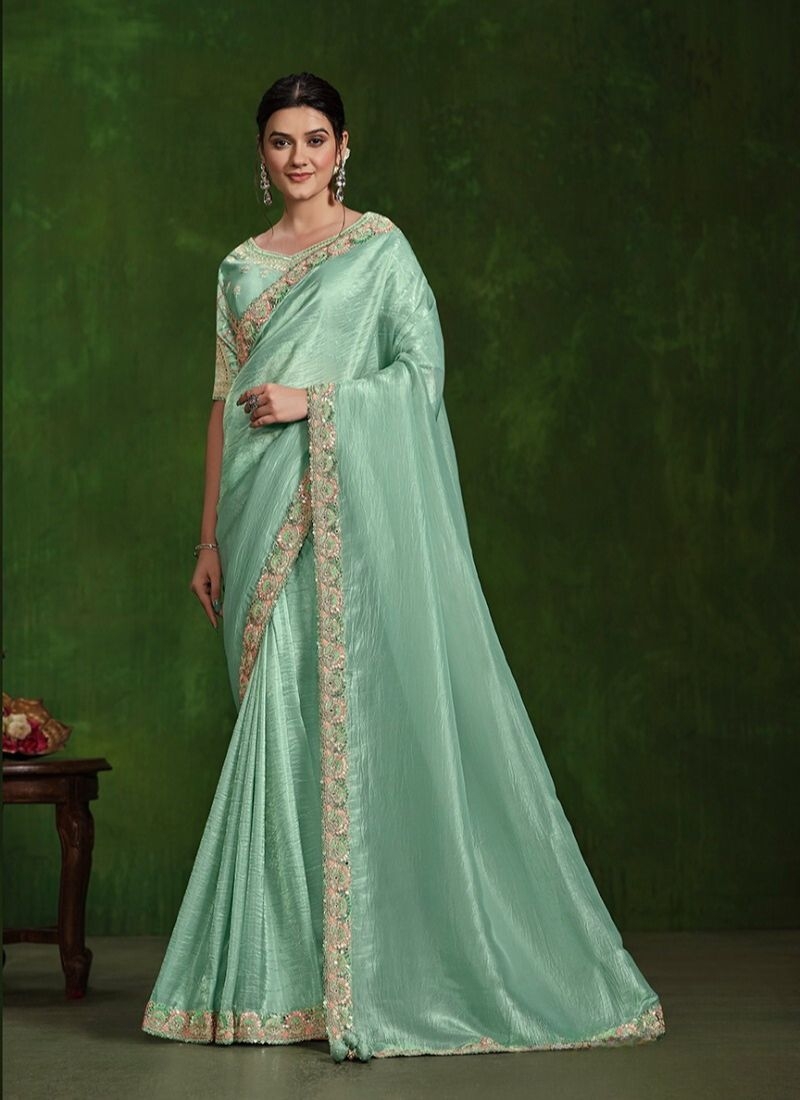 Exquisite handwork embroidered satin silk saree in sky blue