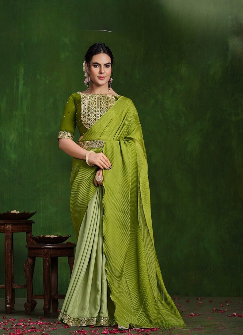 Exquisite handwork embroidered satin silk saree in dark green