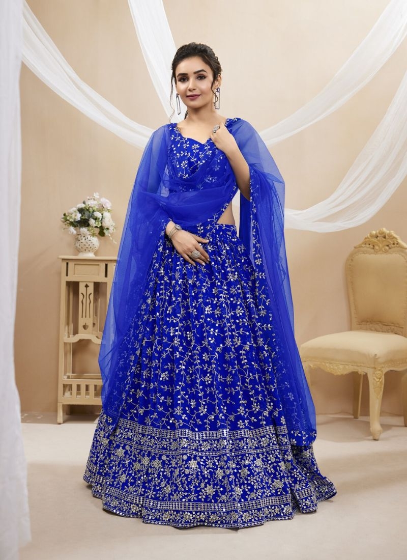 Beautiful mirror embroidered georgette lehenga choli in dark blue