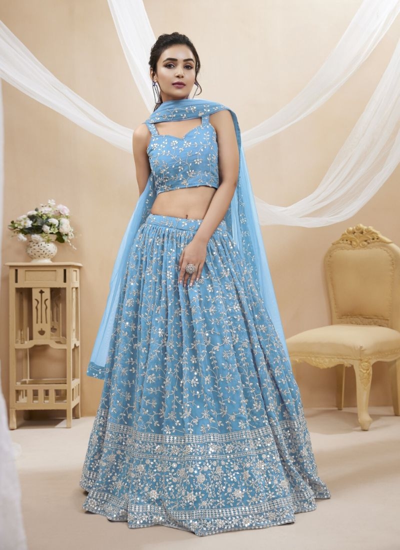 Beautiful mirror embroidered georgette lehenga choli in sky blue