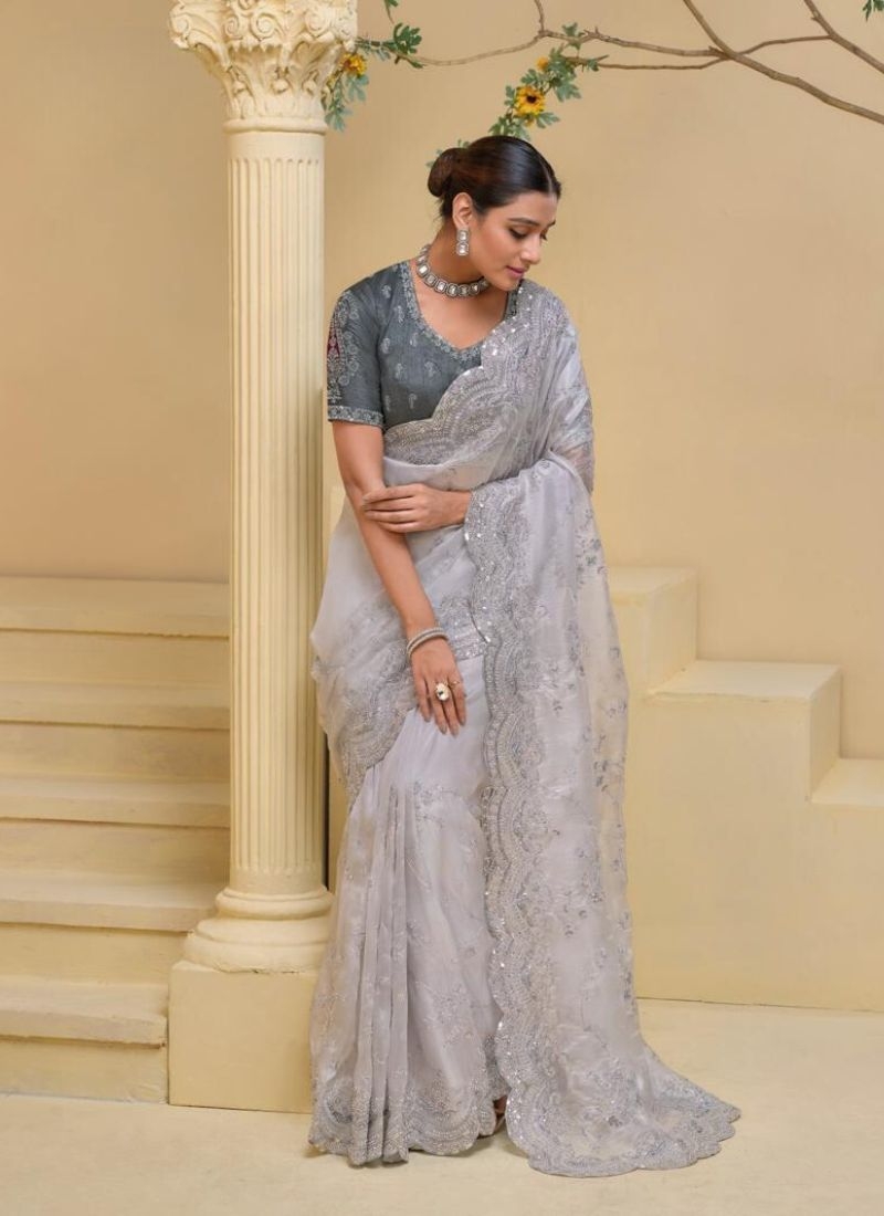 Stunning Heavy embroidered pure silk saree in grey