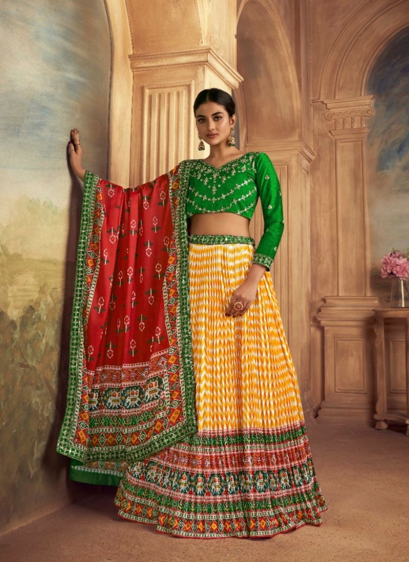 Designer embroidered Navratri special silk lehenga choli in yellow