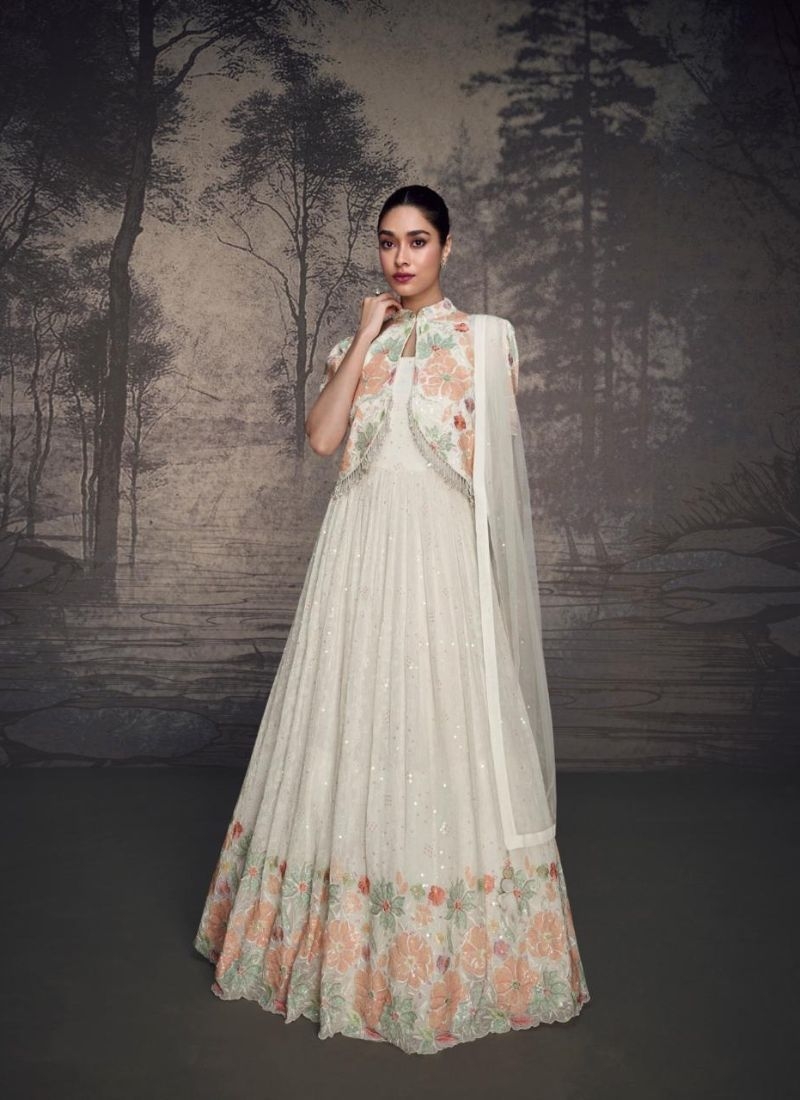 Designer embroidered real georgette Gown in cream