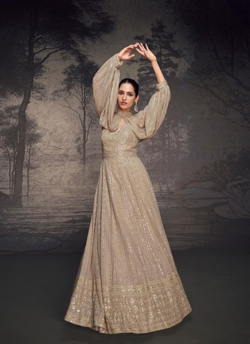 Designer embroidered real georgette Gown in beige