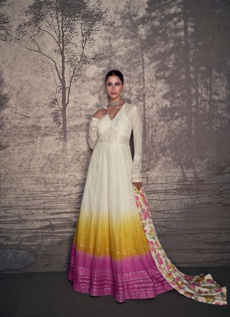 Designer embroidered real georgette Gown in white