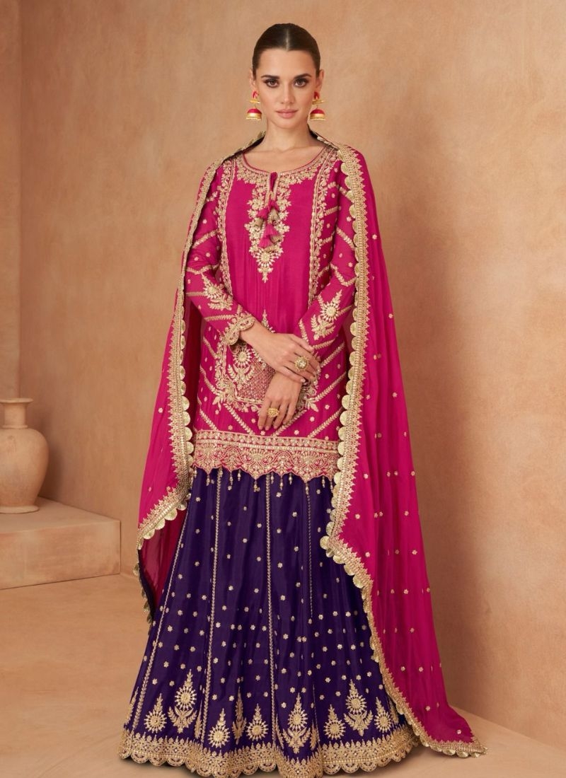 Beautiful floral embroidered real Chinon palazzo suit in pink