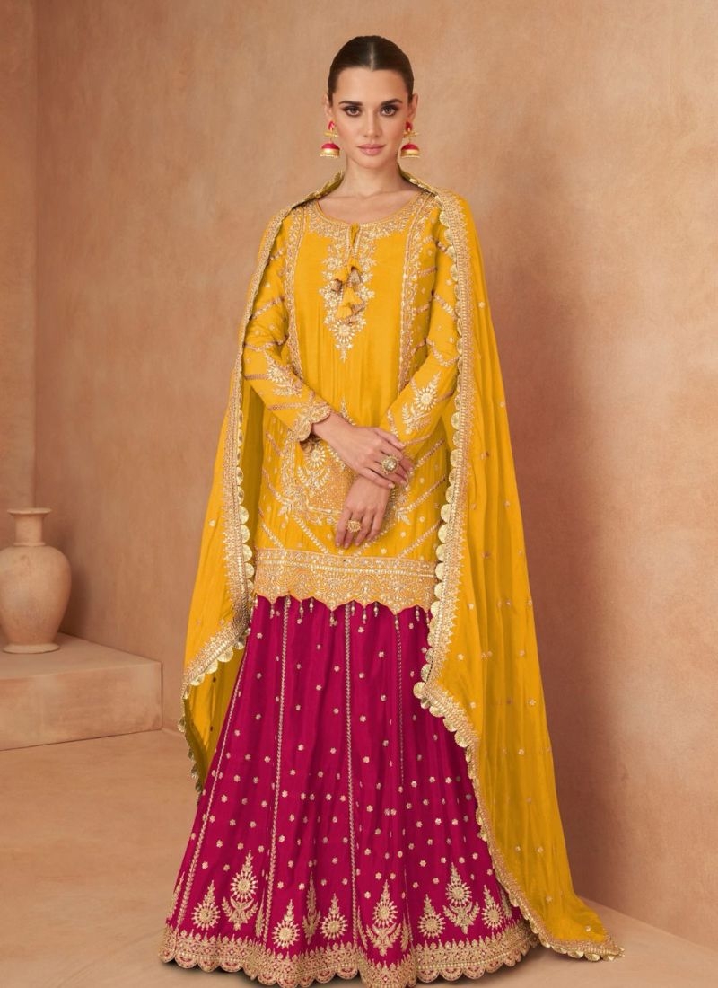 Beautiful floral embroidered real Chinon palazzo suit in yellow