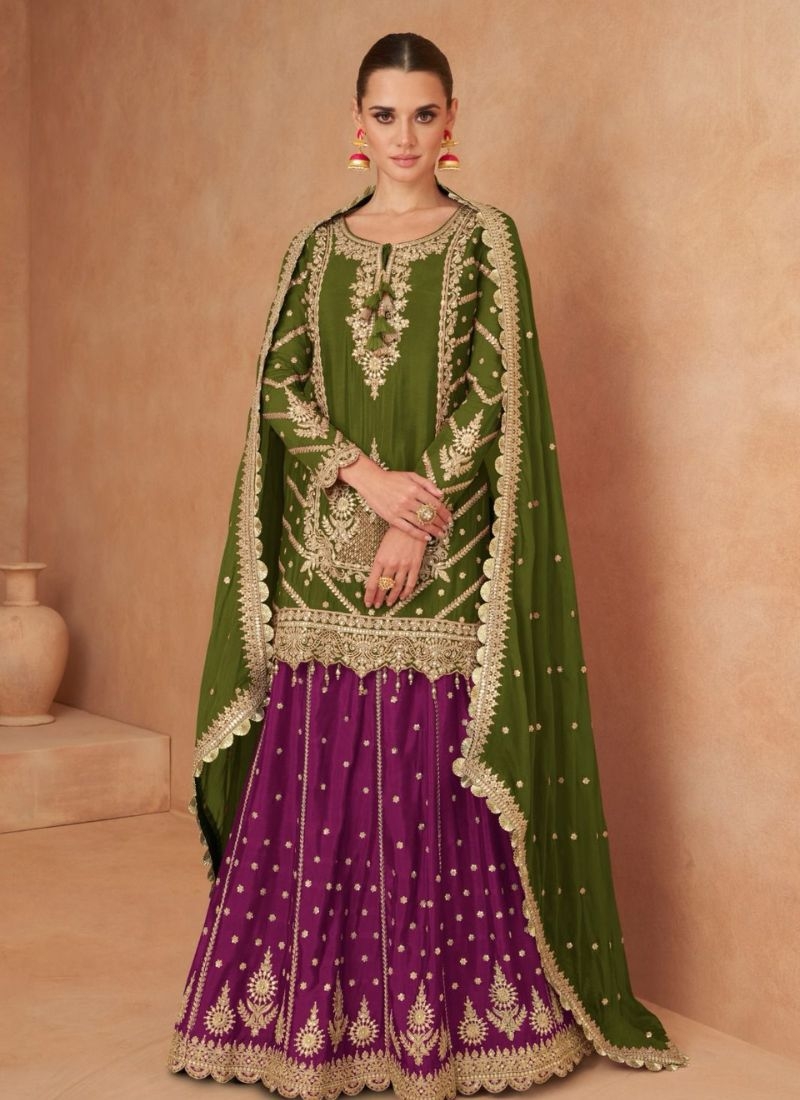 Beautiful floral embroidered real Chinon palazzo suit in dark green