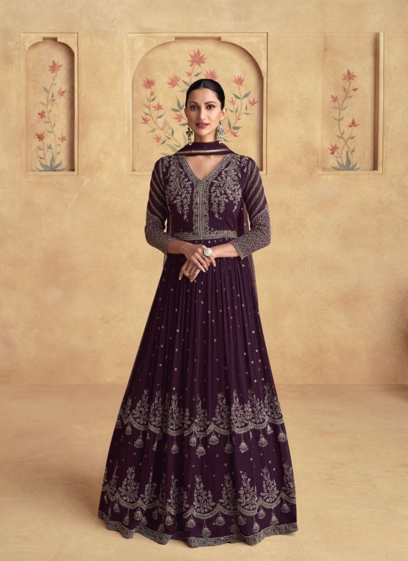 Designer heavy embroidered real chinon silk Anarkali suit in dark violet