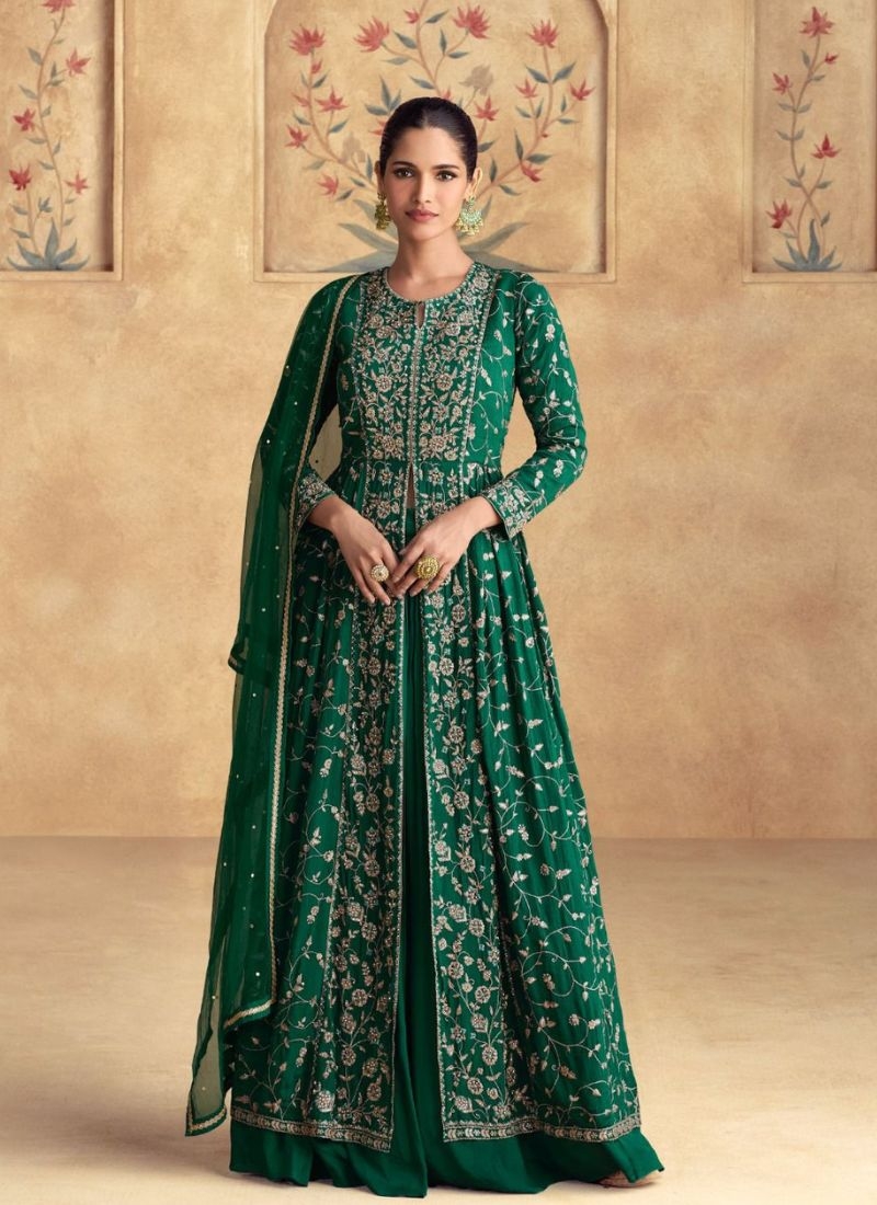 Designer heavy embroidered real chinon silk Anarkali suit in dark green