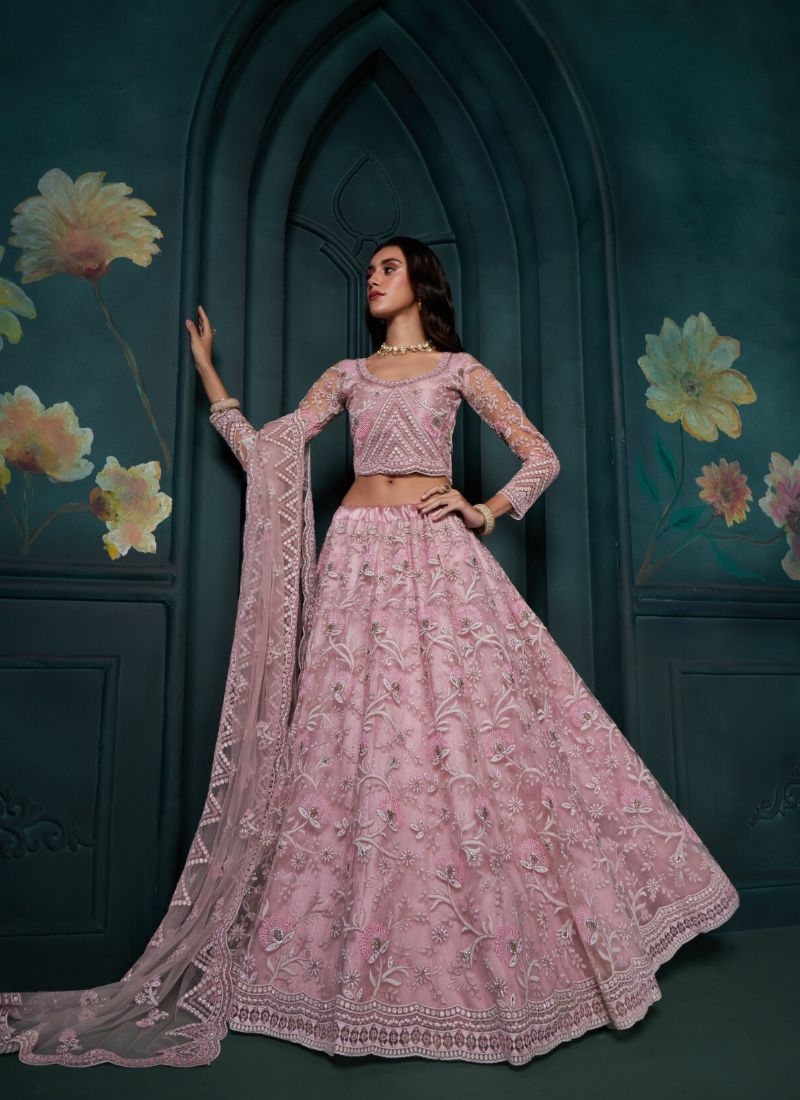 Gorgeous pearl embroidered organza net lehenga in pink