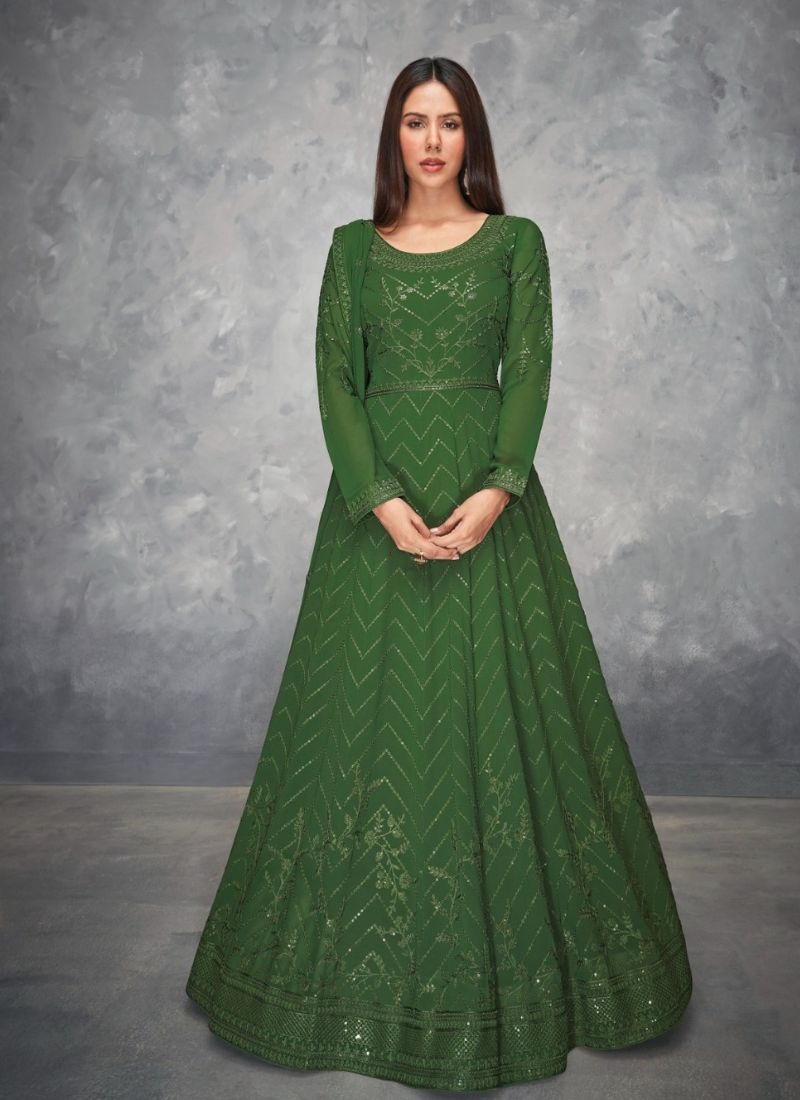 Exquisite embroidered georgette Gown in dark green