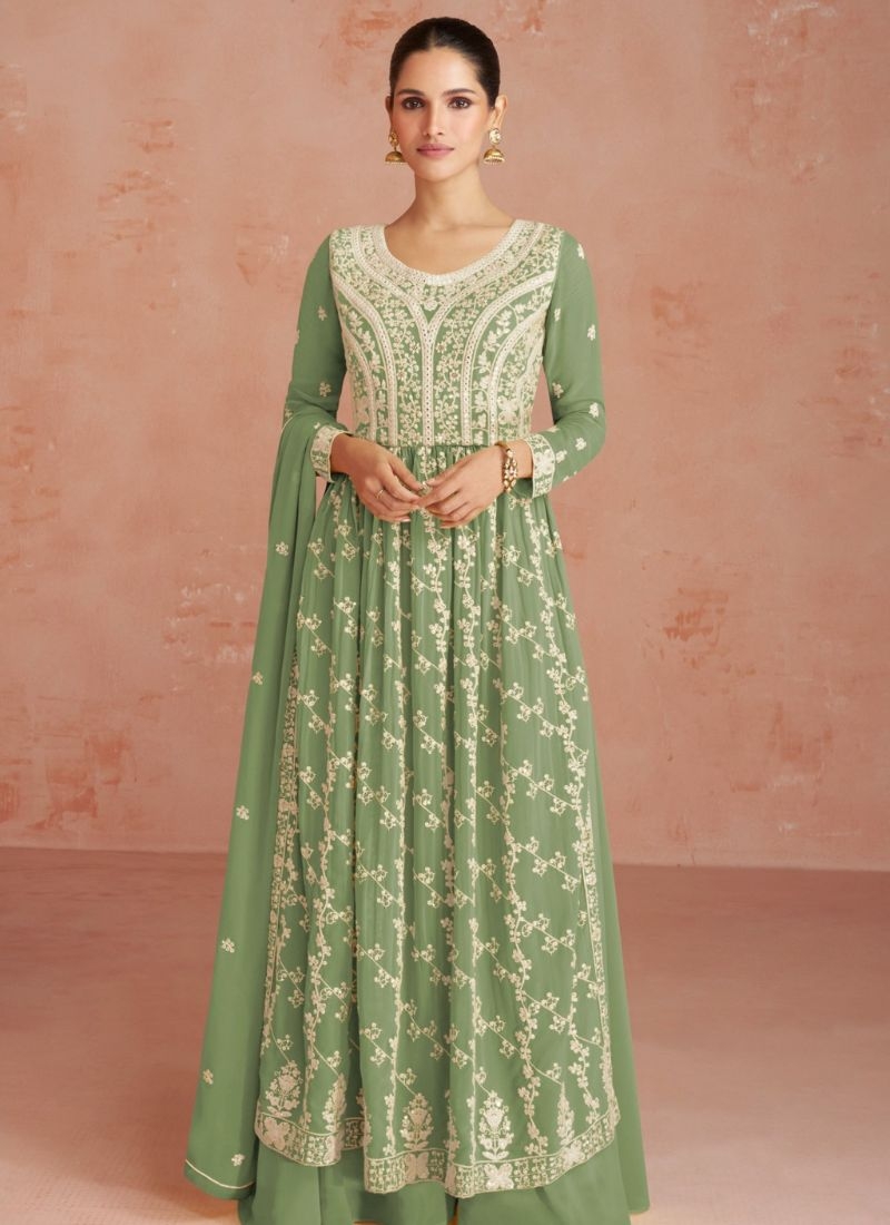 Beautiful embroidered real georgette anarkali suit in light green