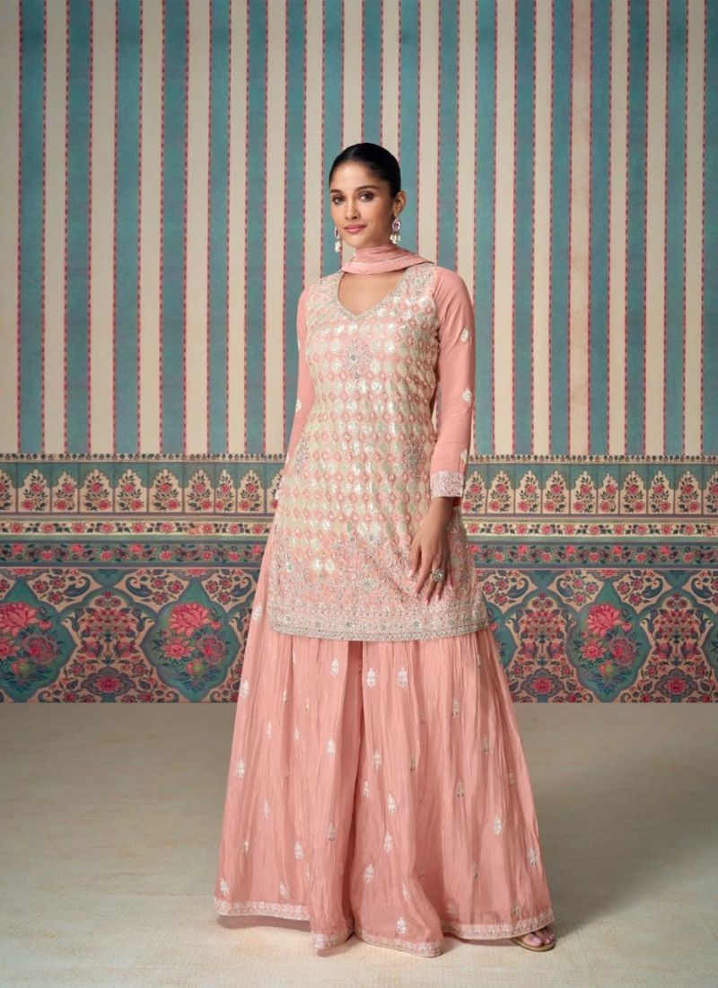 Designer heavy embroidered chinon silk sharara suit in nude pink