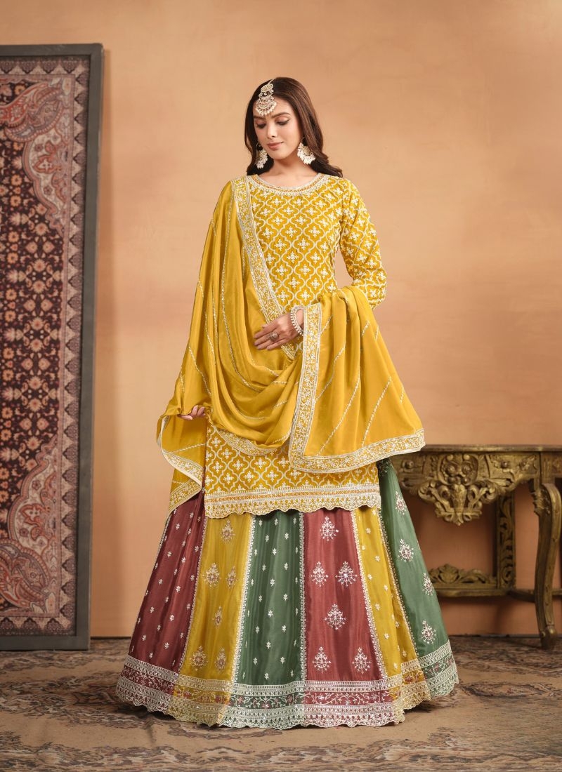 Beautiful heavy embroidered Chinon sharara suit in yellow