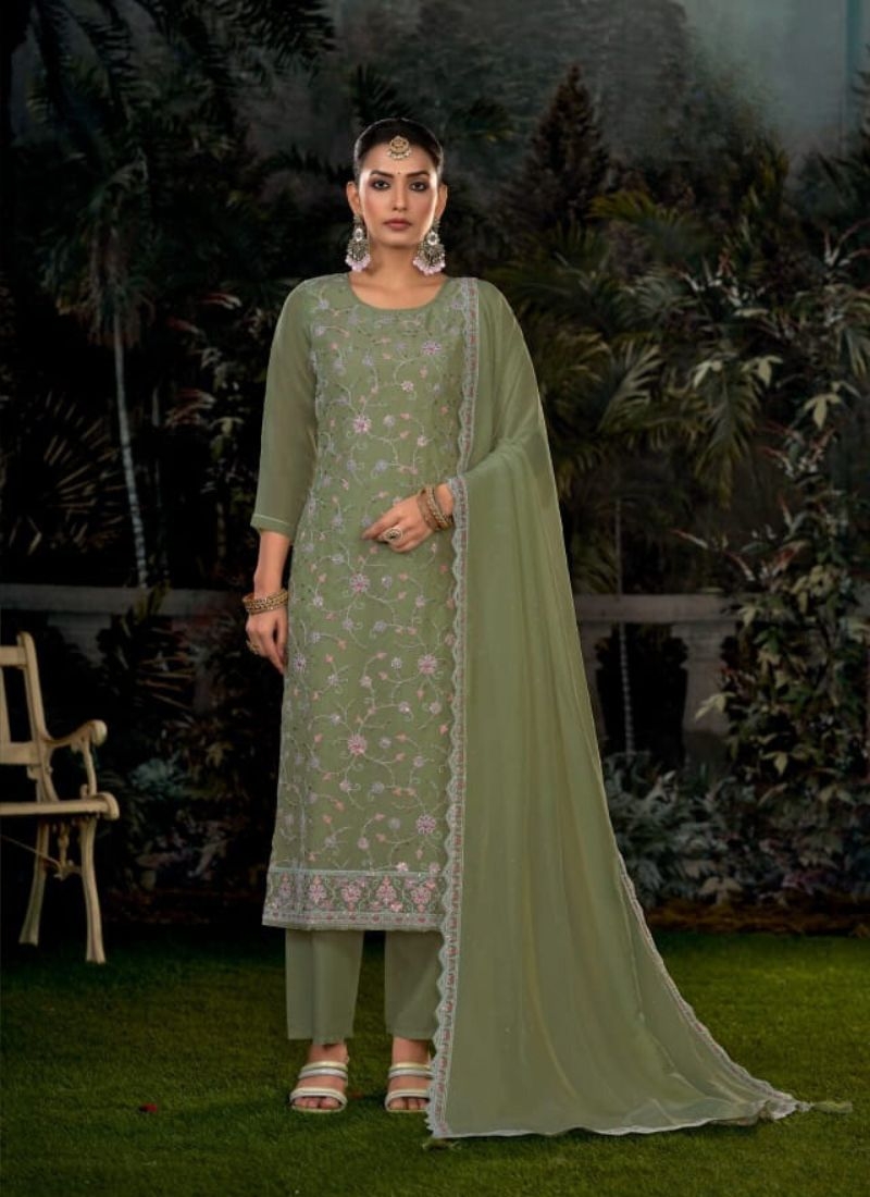 Designer Zarkan embroidered crunchi silk kurta pant suit in mehandi green