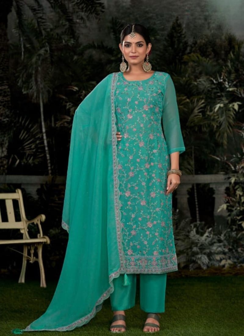 Designer Zarkan embroidered crunchi silk kurta pant suit in green