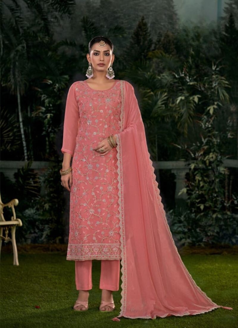 Designer Zarkan embroidered crunchi silk kurta pant suit in peach