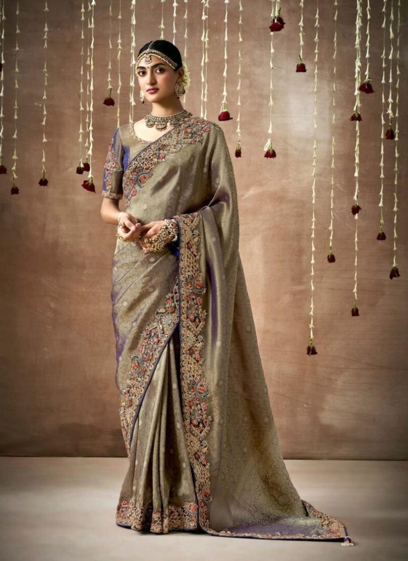 Exquisite thread embroidered Dola silk saree in dark grey