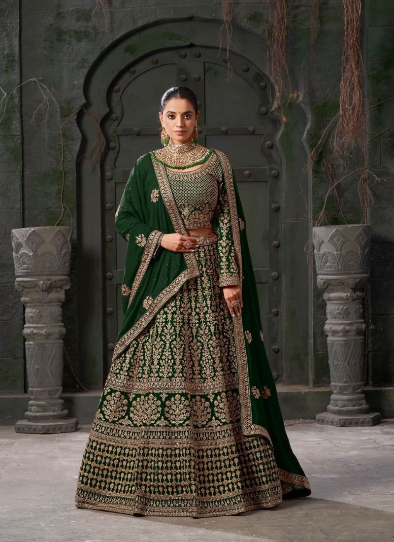 Premium heavy embroidered georgette lehenga choli in dark green