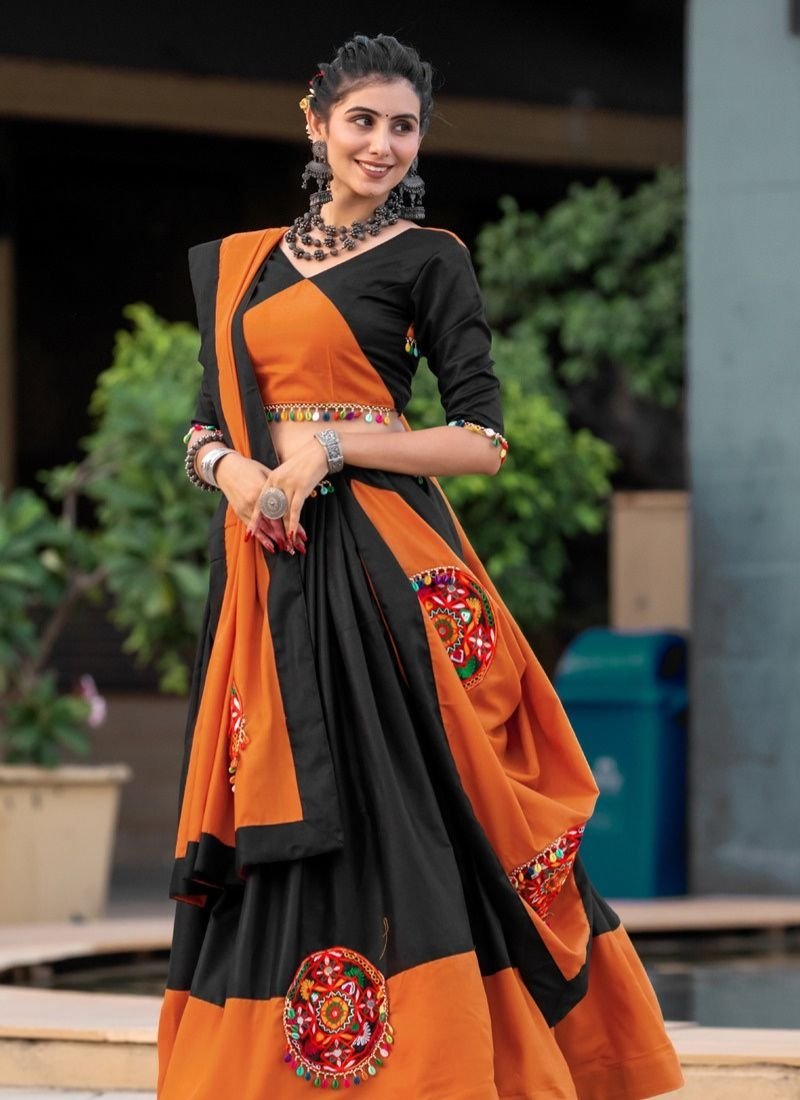 Navratri special embroidered pure cotton lehenga in orange