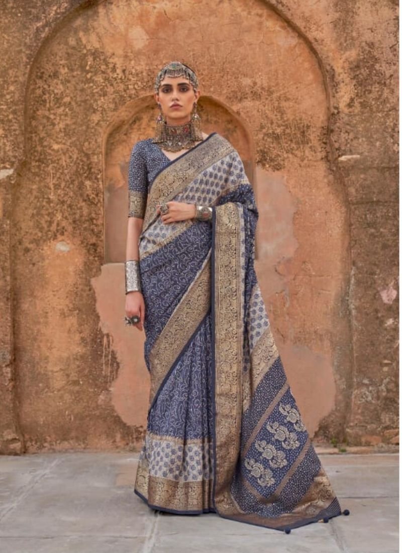 Exquisite printed viscose silk saree in blue