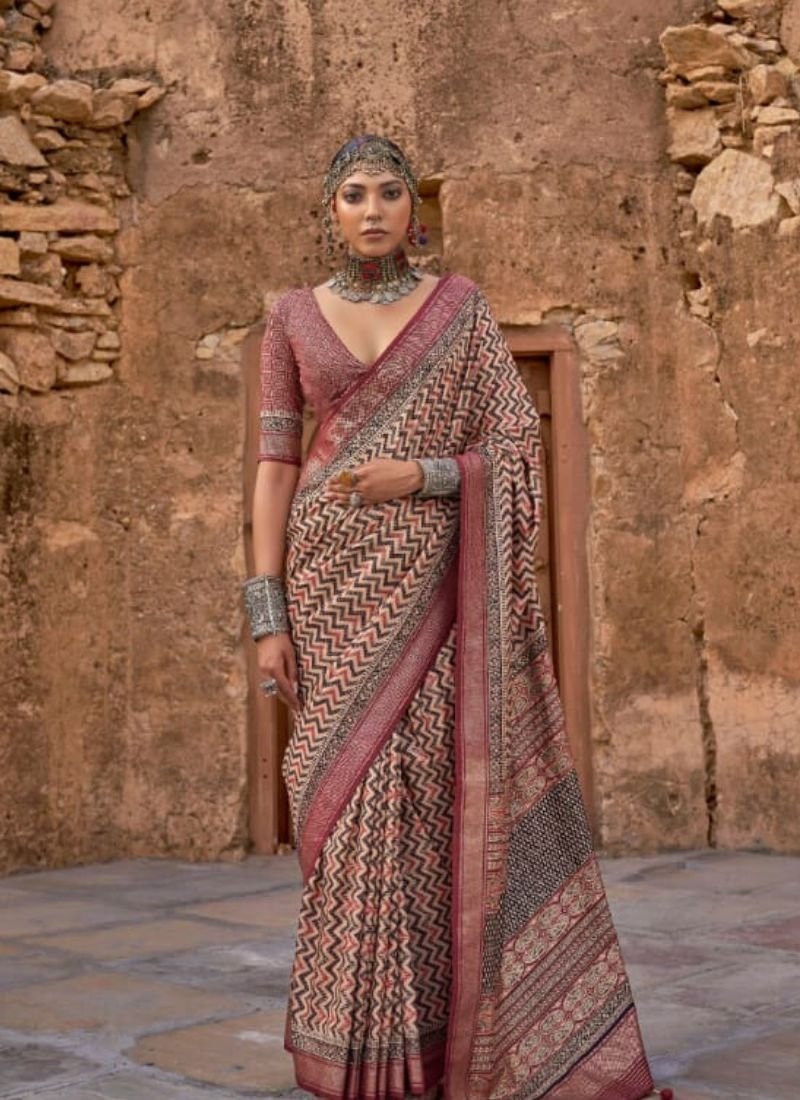 Exquisite printed viscose silk saree in nude pink