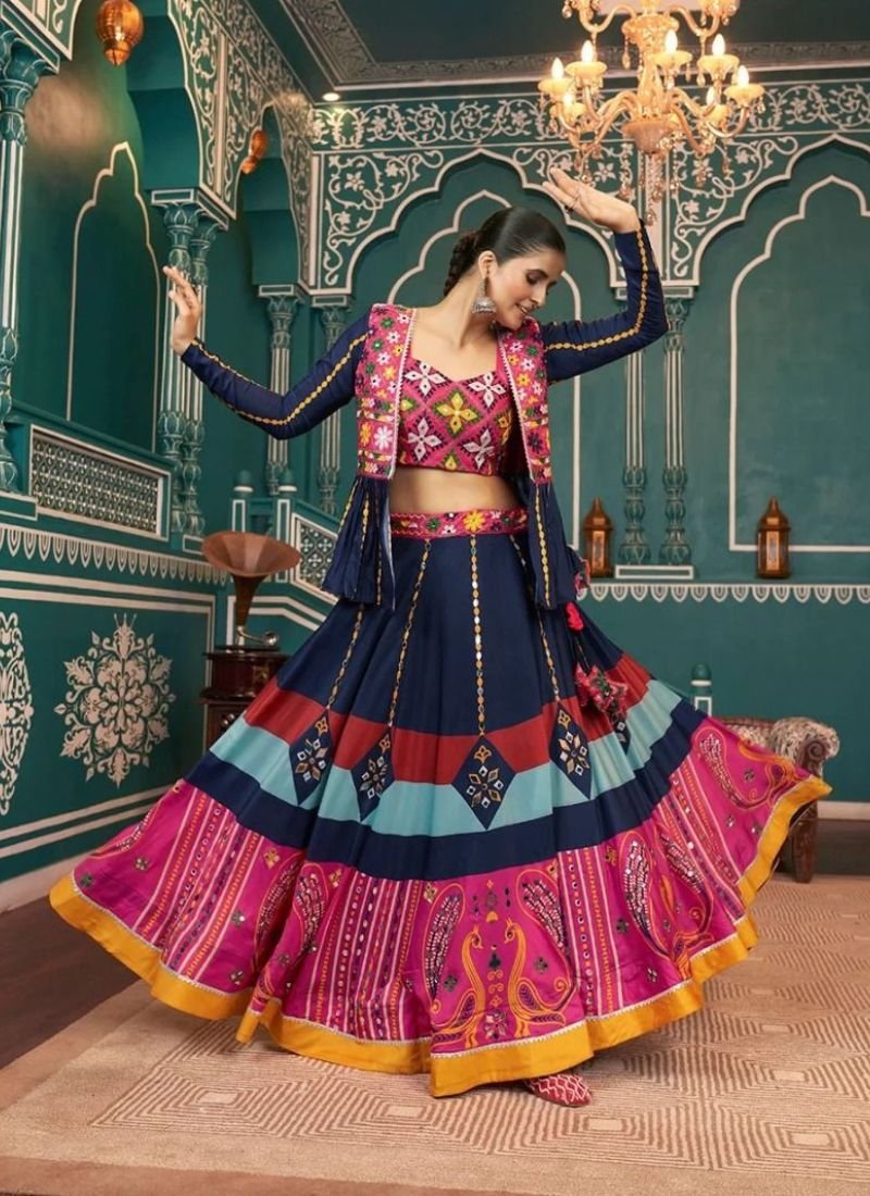 Beautiful heavy embroidered viscose rayon lehenga choli in navy blue