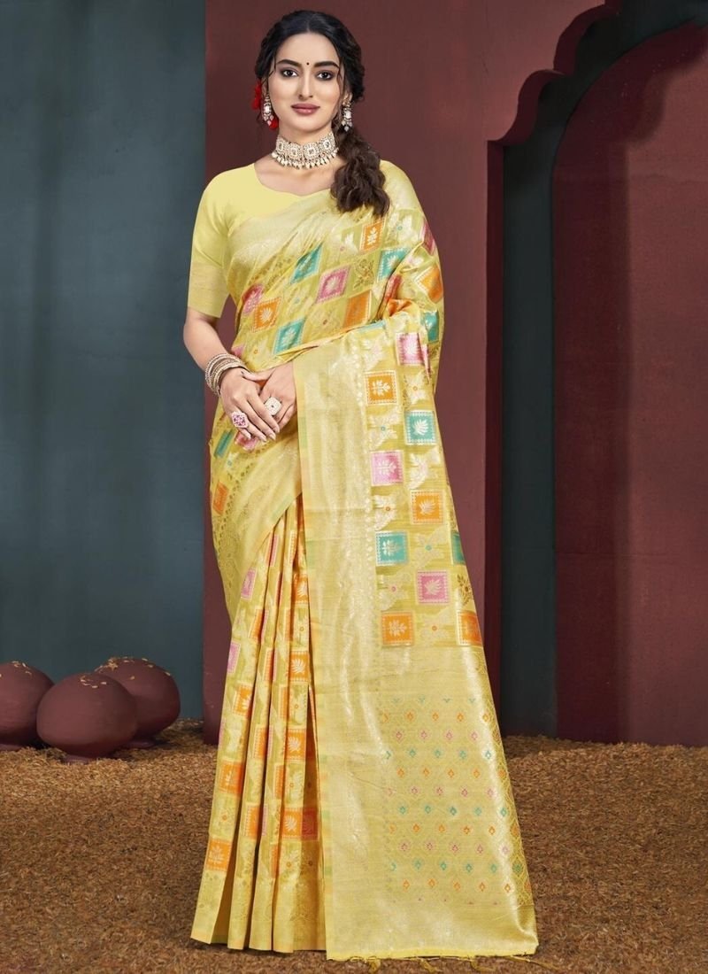 Exquisite designer cotton silk saree in yellow