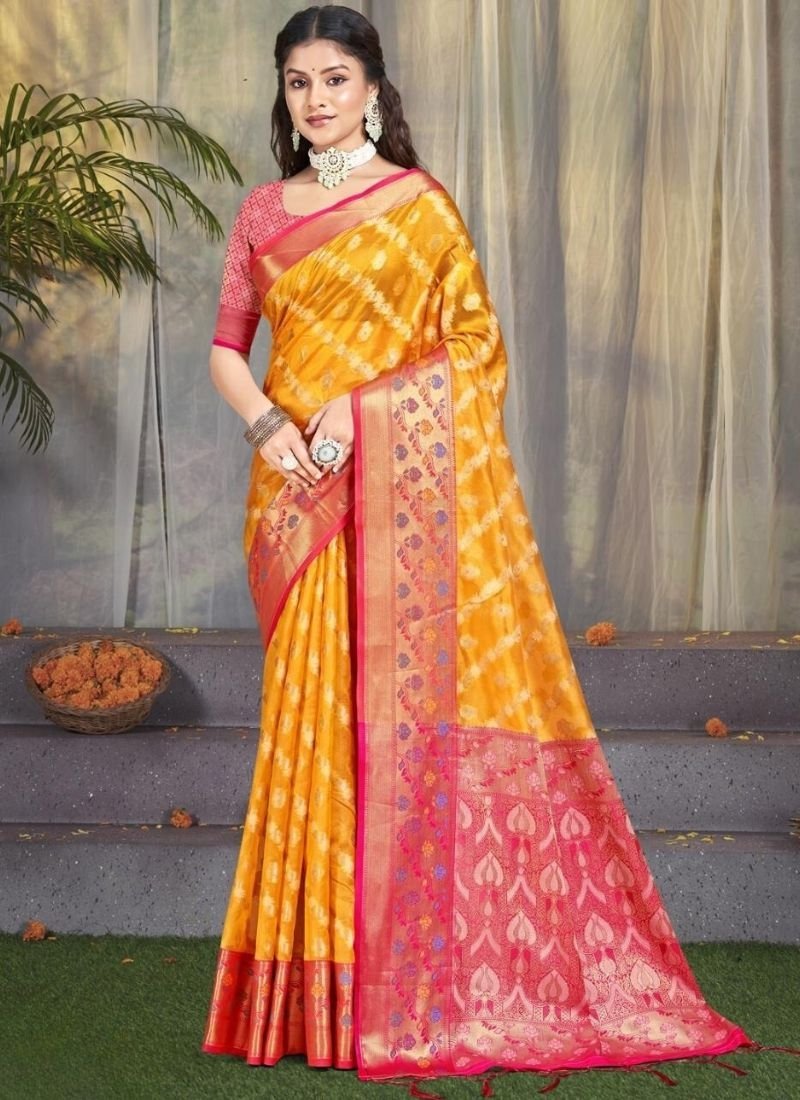 Trendy printed cotton silk saree in yellow