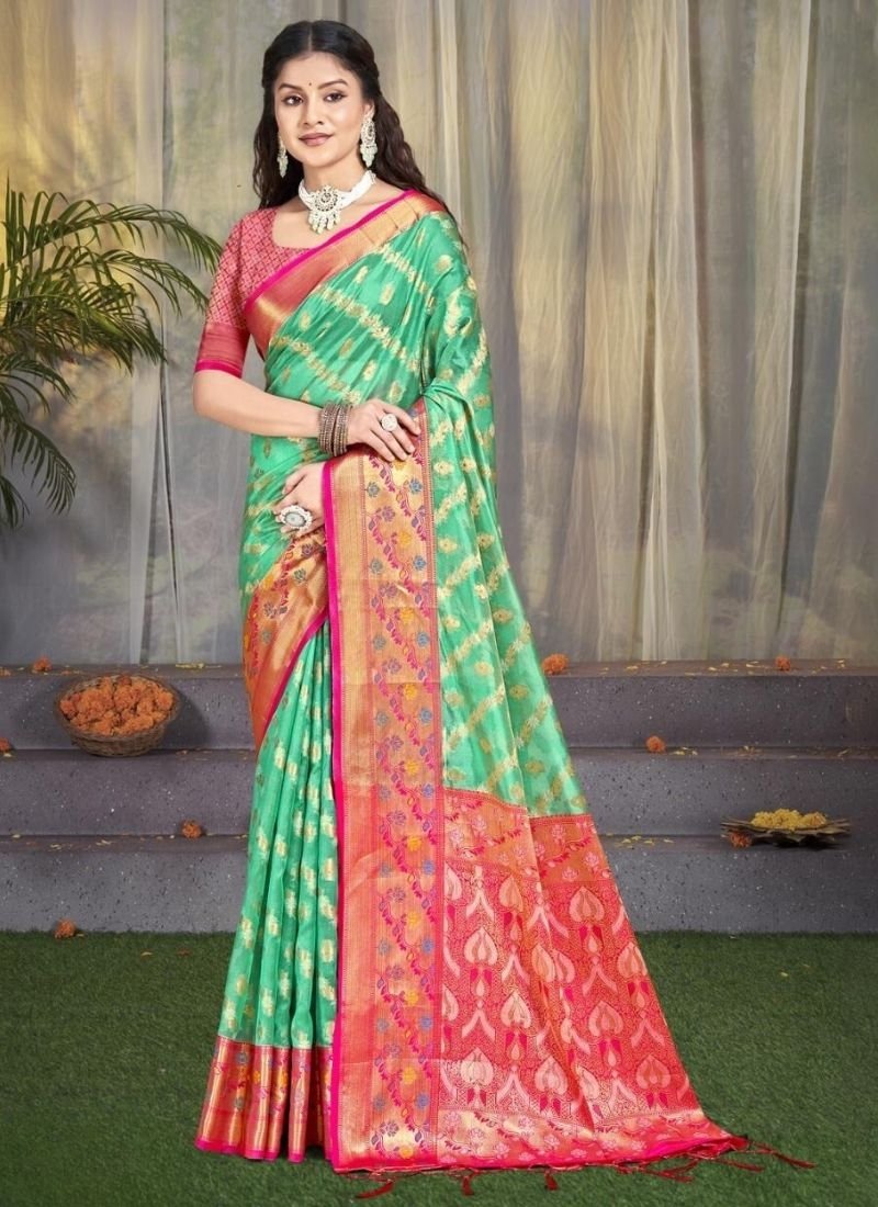 Trendy printed cotton silk saree in green