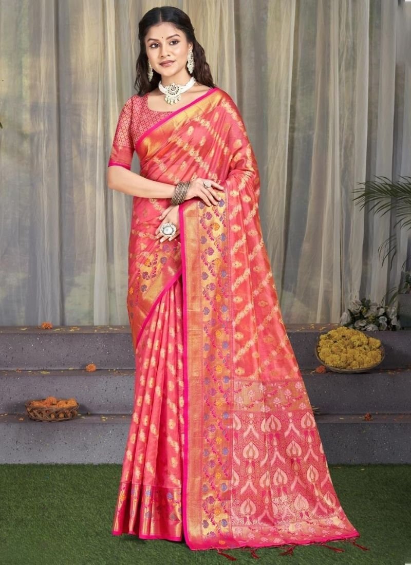 Trendy printed cotton silk saree in pink