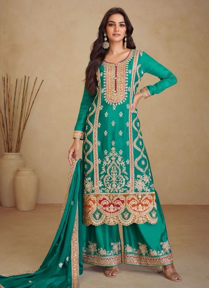 Beautiful heavy embroidered real Chinon palazzo suit in green