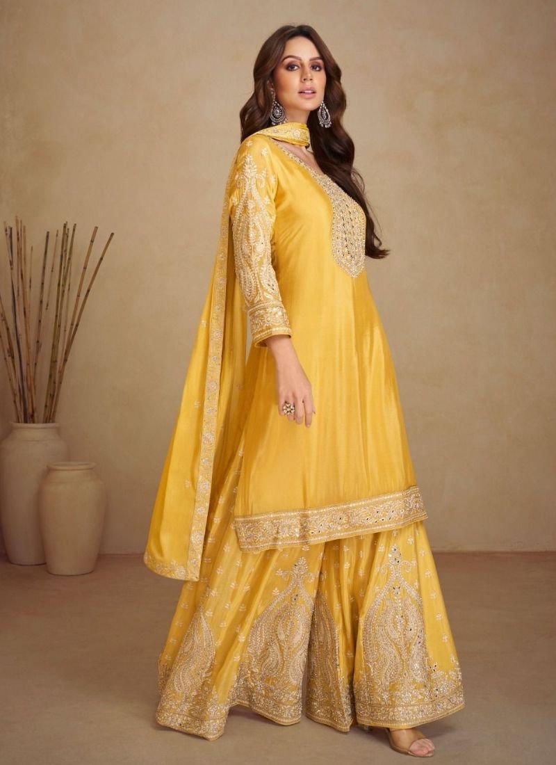 Beautiful heavy embroidered real Chinon palazzo suit in yellow