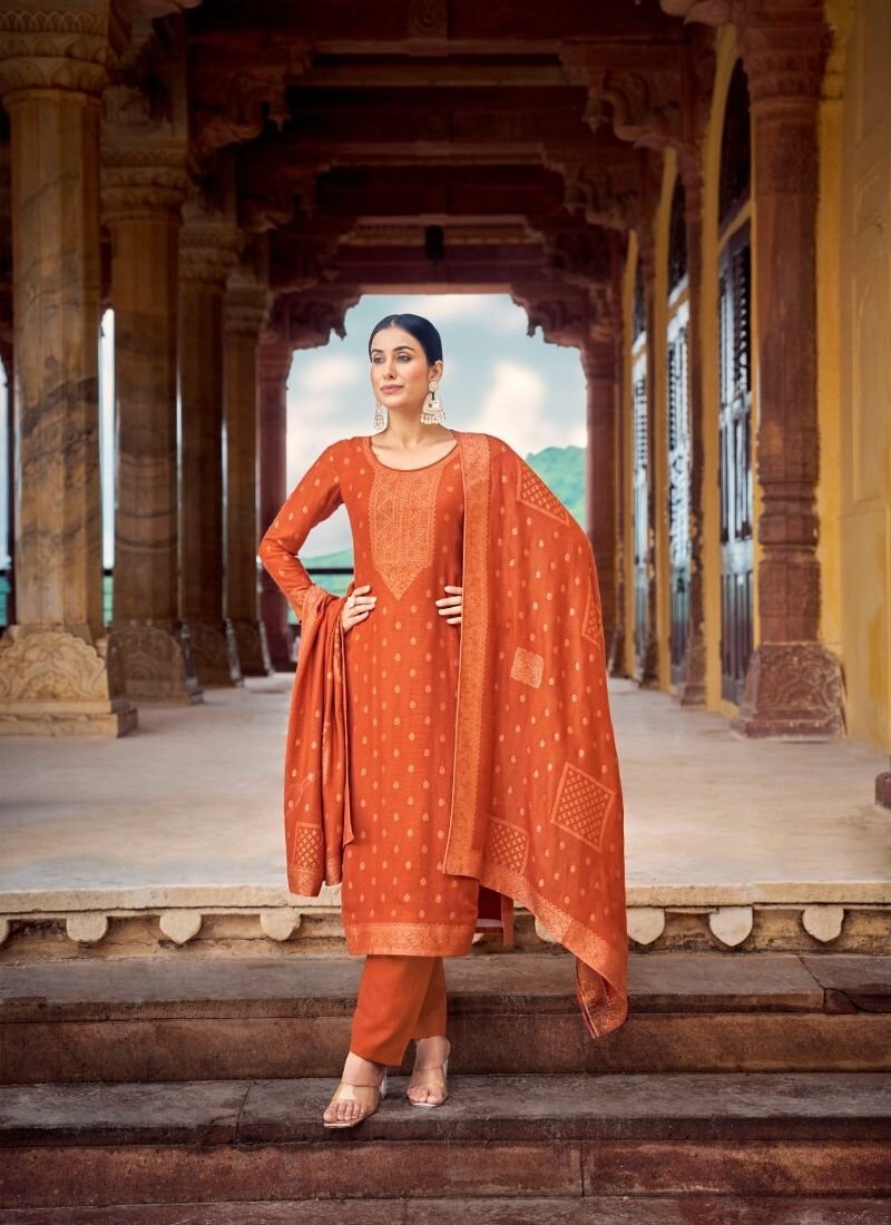 Stylish jacquard printed viscose kurta pant suit in orange