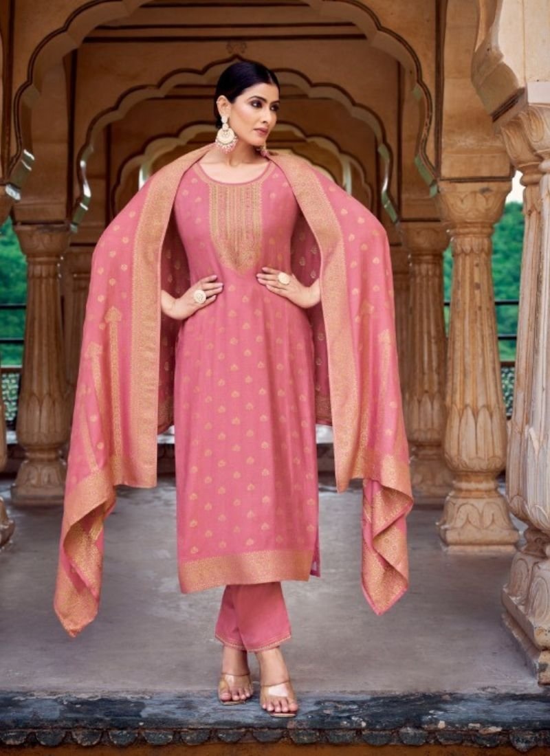 Stylish jacquard printed viscose kurta pant suit in pink