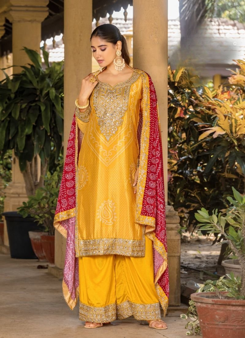 Gorgeous digital printed real Chinon palazzo suit in yellow