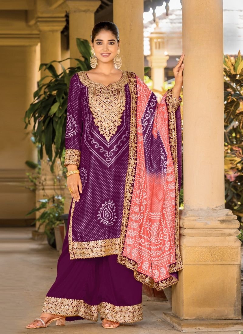 Gorgeous digital printed real Chinon palazzo suit in purple