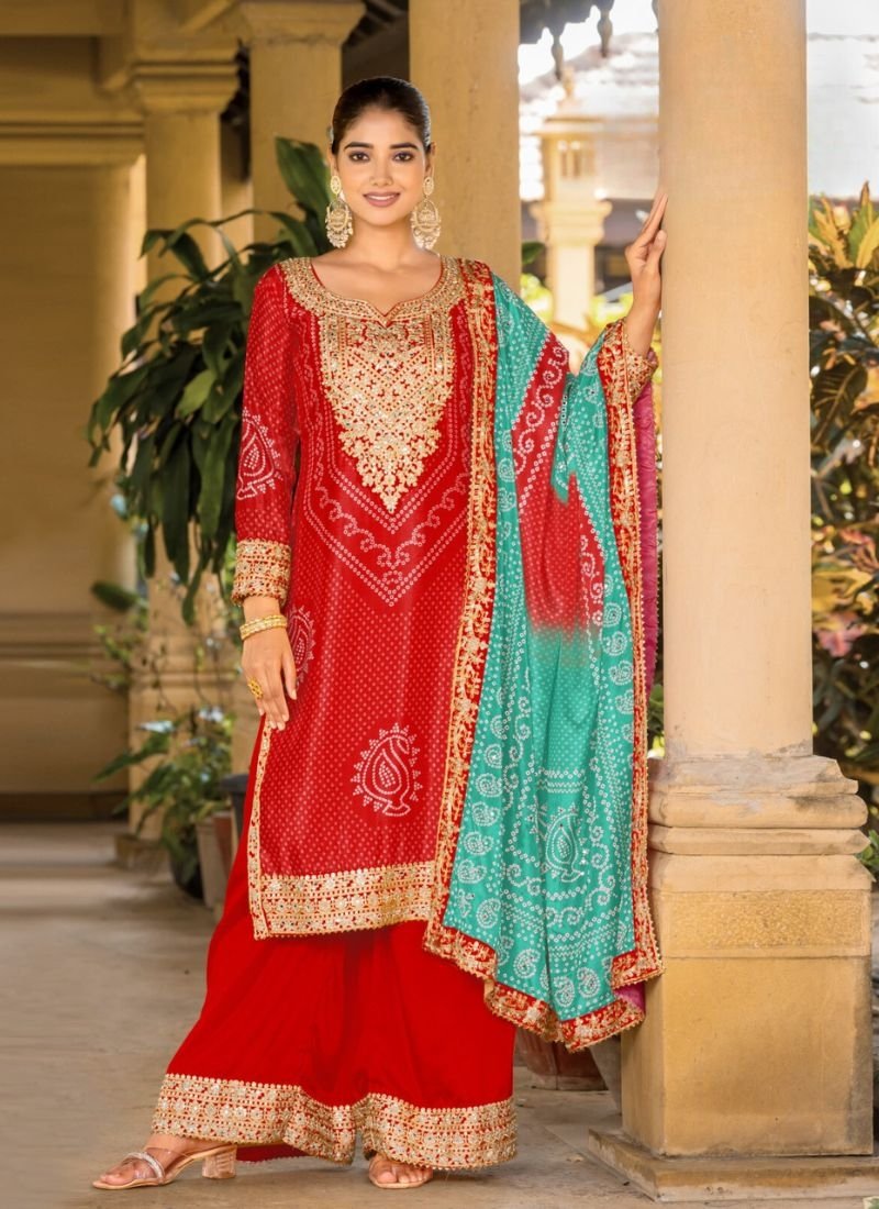 Gorgeous digital printed real Chinon palazzo suit in red