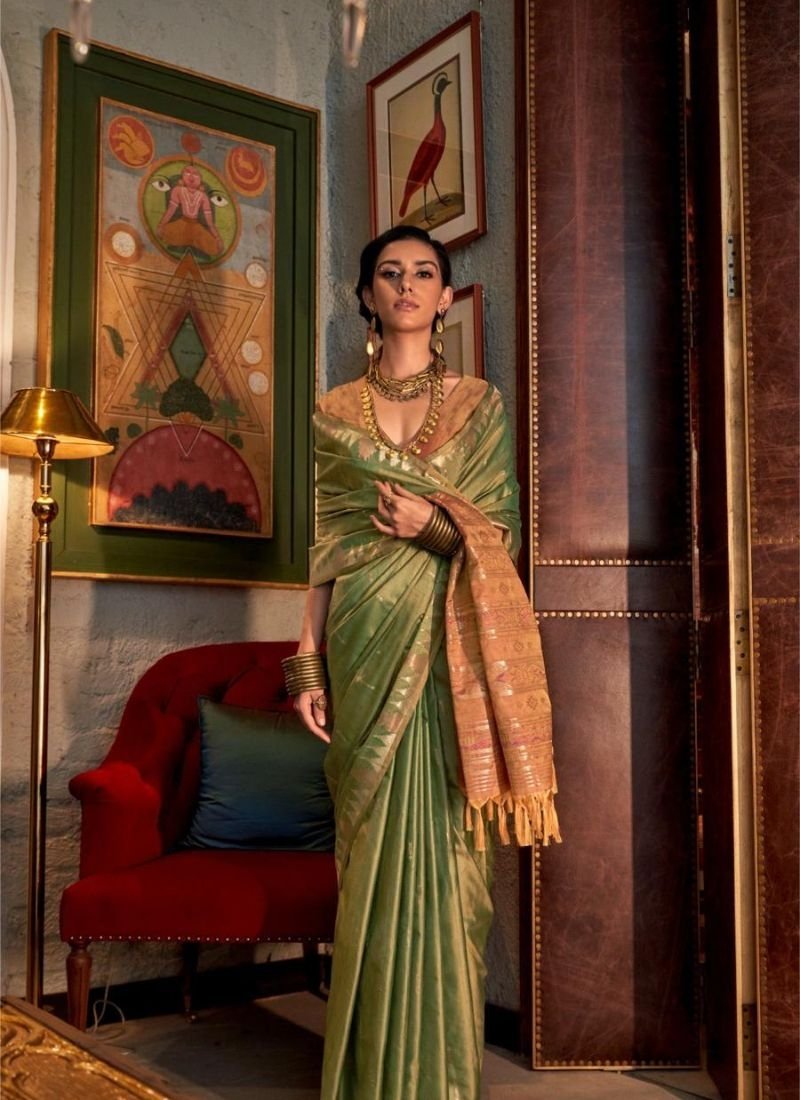 Exquisite designer hand weaved silk saree in green