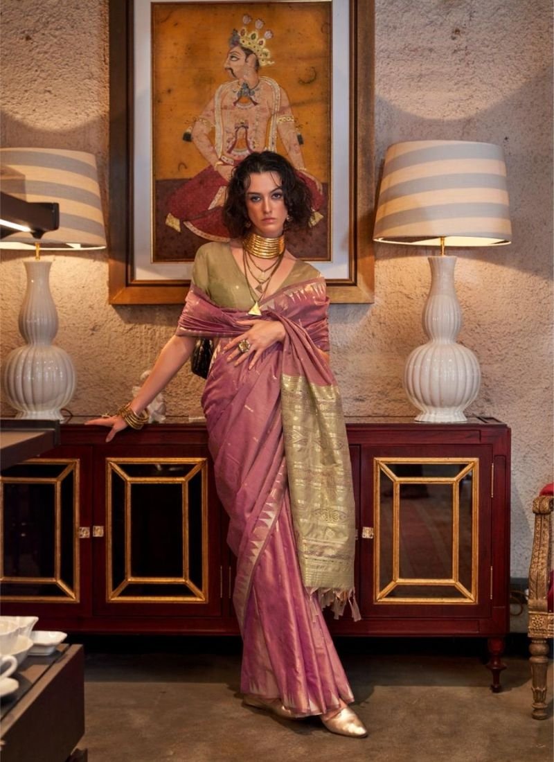 Exquisite designer hand weaved silk saree in pink