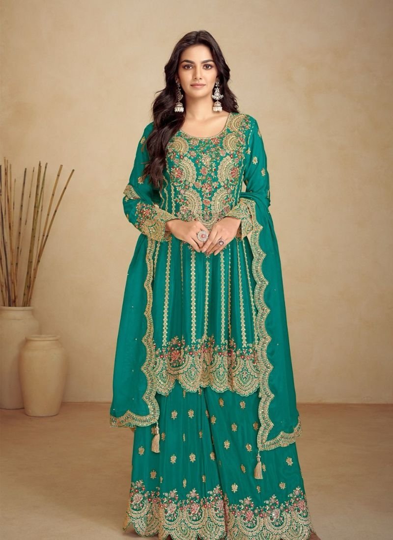 Beautiful embroidered Chinon sharara suit in dark green