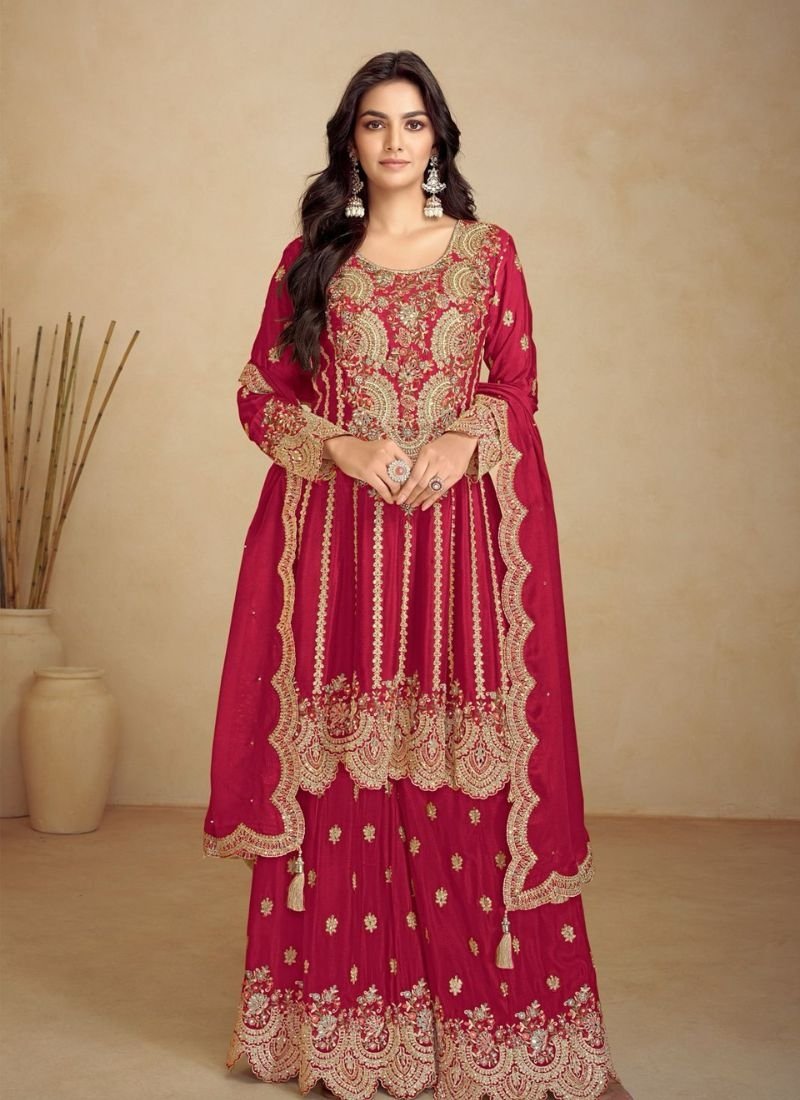 Beautiful embroidered Chinon sharara suit in red