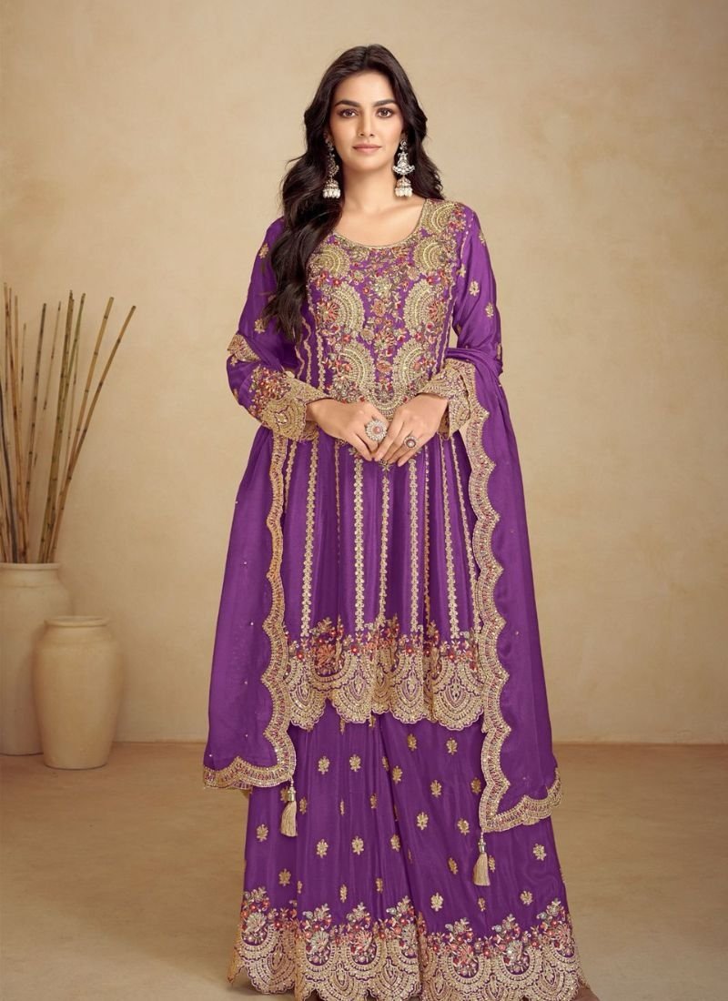 Beautiful embroidered Chinon sharara suit in purple