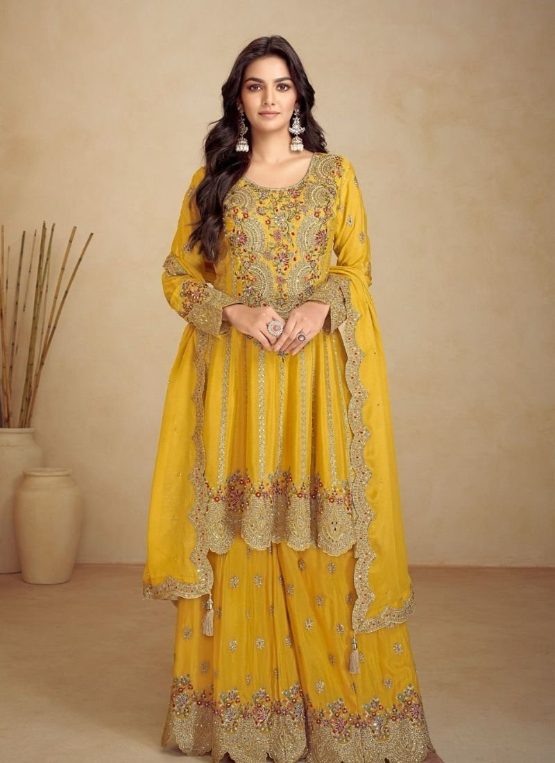 Beautiful embroidered real Chinon sharara suit in yellow