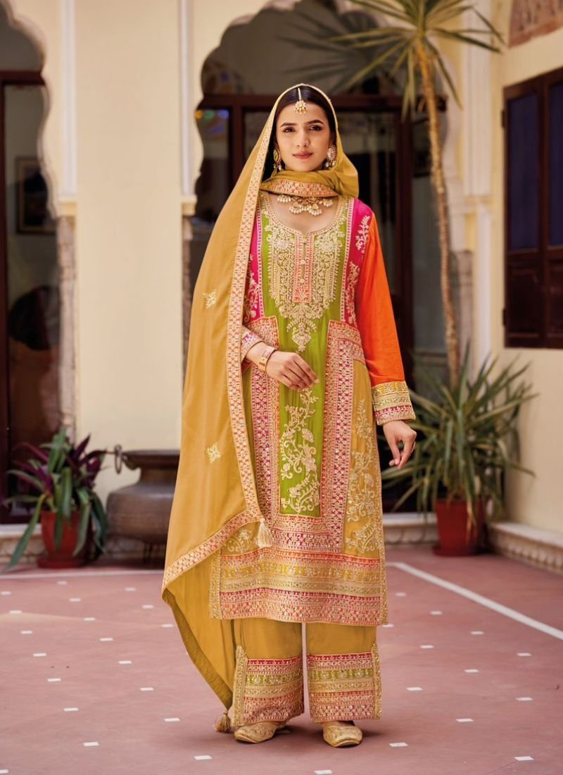 Stunning heavy embroidery Chinon palazzo suit in yellow