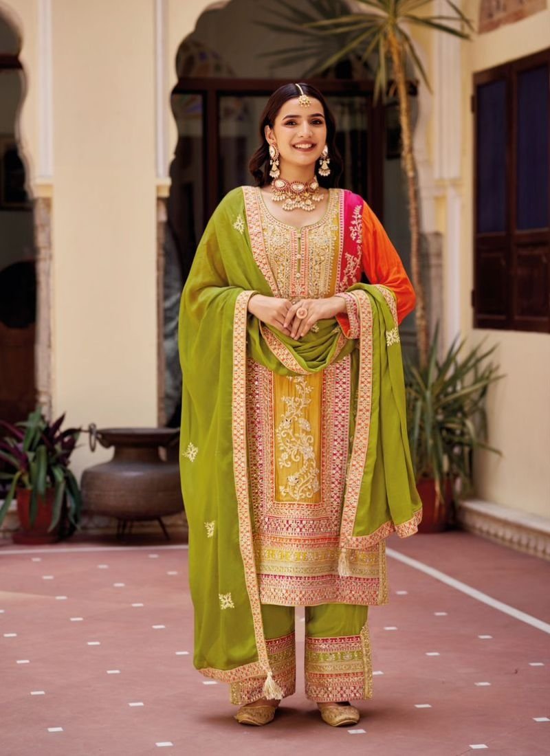 Stunning heavy embroidery Chinon palazzo suit in green