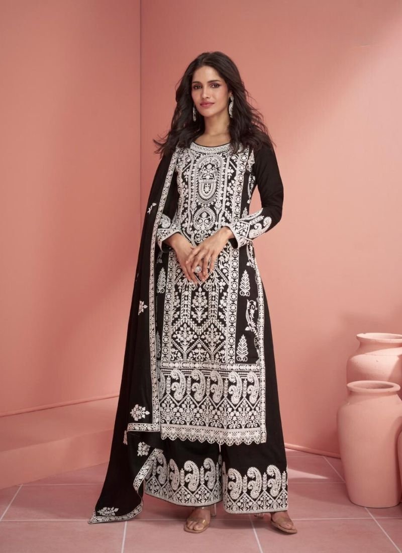 Beautiful embroidery silk palazzo suit in black