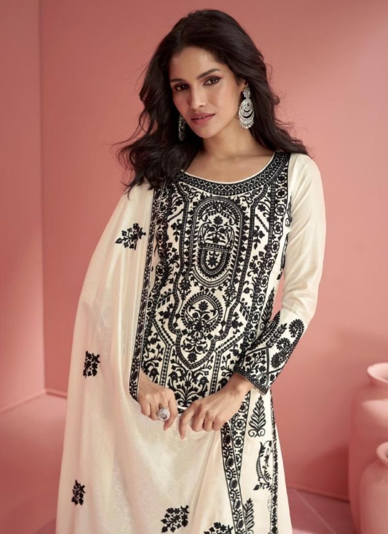 Beautiful embroidery silk palazzo suit in cream